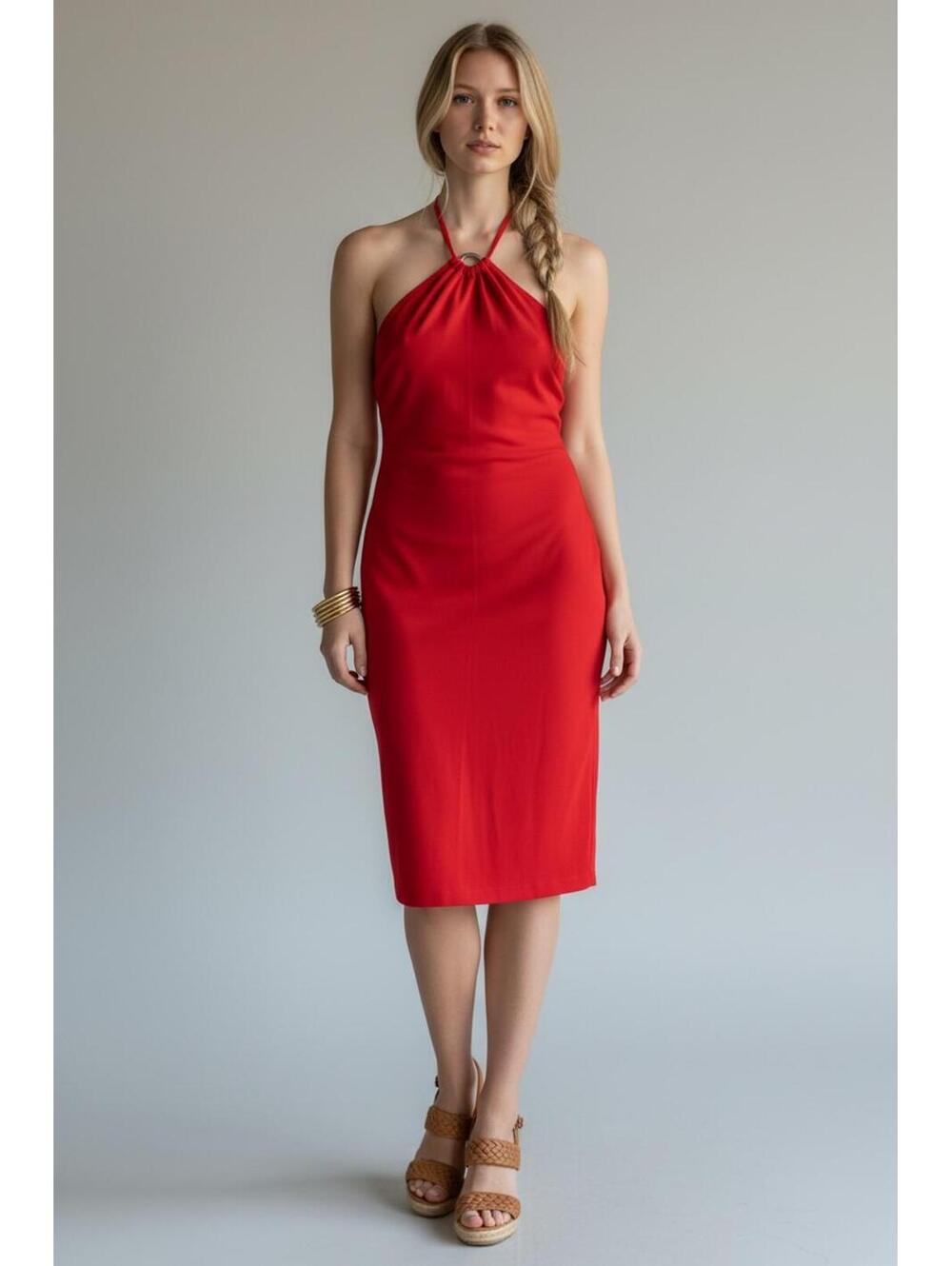 Boston Proper Scarlet High Neck Tie Halter Dress, Size XS